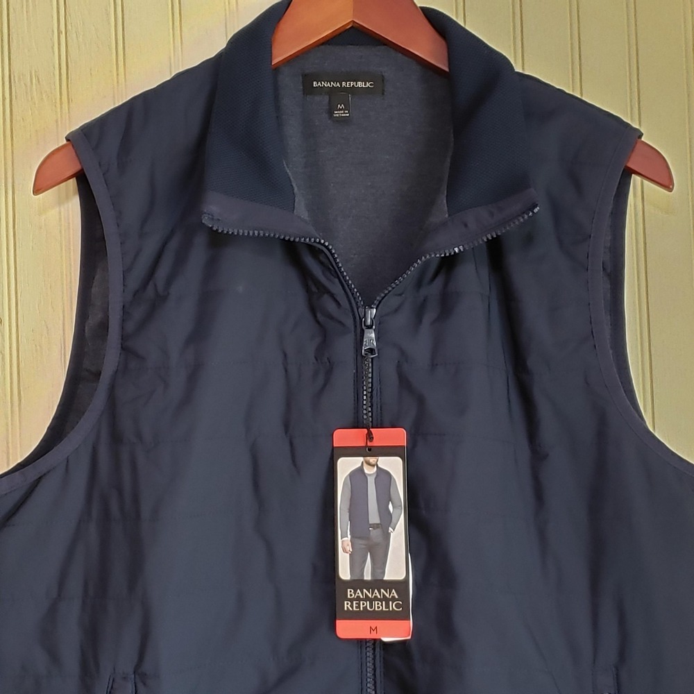 Banana Republic Vest Mens Medium Blue Quilted Full Zip Stand Collar Outdoor